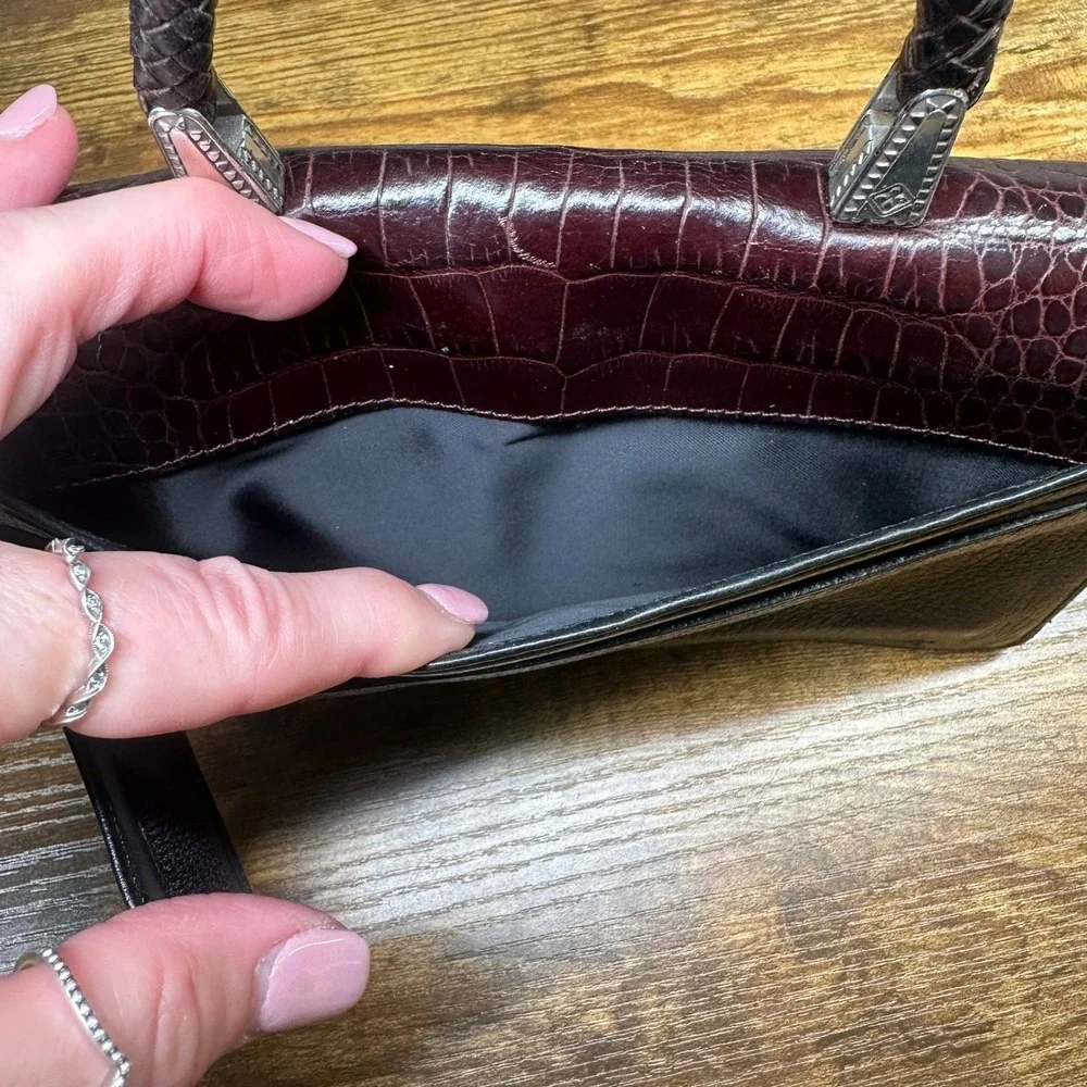 Brighton Gina Black Leather Croc Embossed Flap Handbag Braided Handle Silver